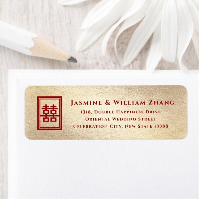 Gold Rectangle Double Happiness Chinese Wedding Label (Insitu)