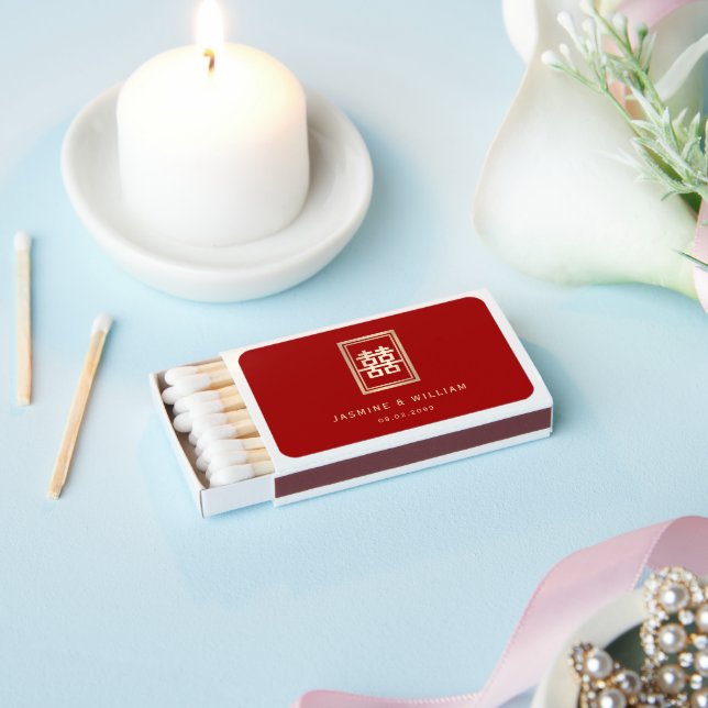 Gold Rectangle Double Happiness Chinese Wedding Matchboxes (Insitu)