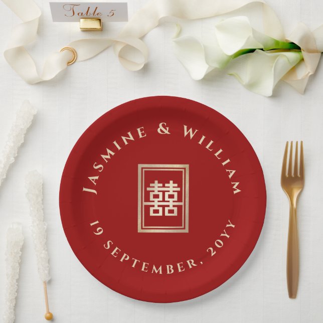Gold Rectangle Double Happiness Chinese Wedding Paper Plates (Wedding)