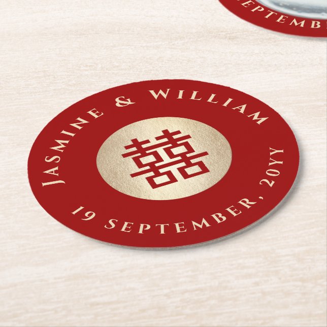 Gold Rectangle Double Happiness Chinese Wedding Round Paper Coaster (Angled)