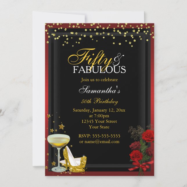 Gold & Red 50 & Fabulous Birthday Invitation (Front)