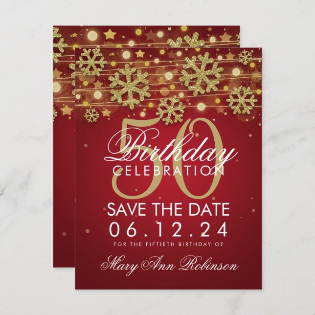 Gold Red 50th Birthday Save Date Winter Invitation (Front/Back)