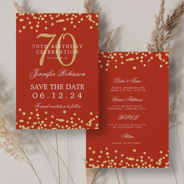 Gold Red 70th Birthday Save the Date Details Invitation (Gold Red 70th Birthday Save the Date Details Invitation)