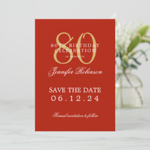 Gold Red 80th Birthday Save the Date Invitation