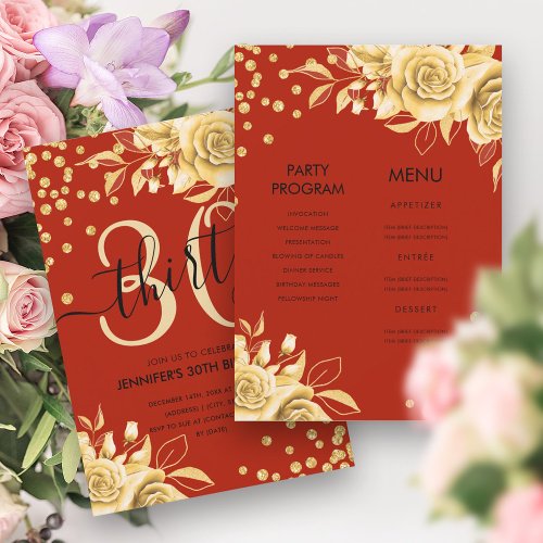 Gold Red All in One Floral Glitter 30th Birthday  Invitation
