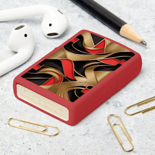 Gold, Red, and Black Pattern Design Zippo Lighter (On Table 2)