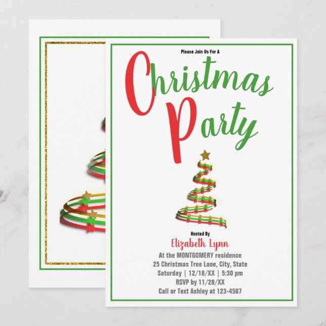 Gold, Red, and Green Christmas Party Invitation (Front/Back)