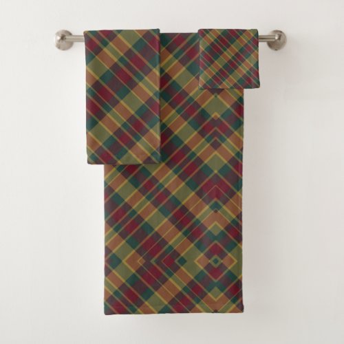 Gold Red And Green Christmas Plaid Print Bath Towel Set