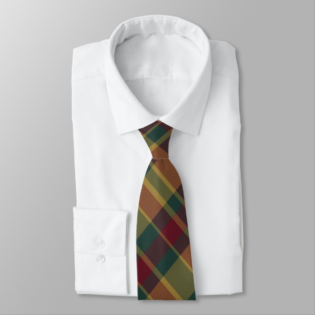 Gold Red And Green Christmas Plaid Print Neck Tie (Tied)
