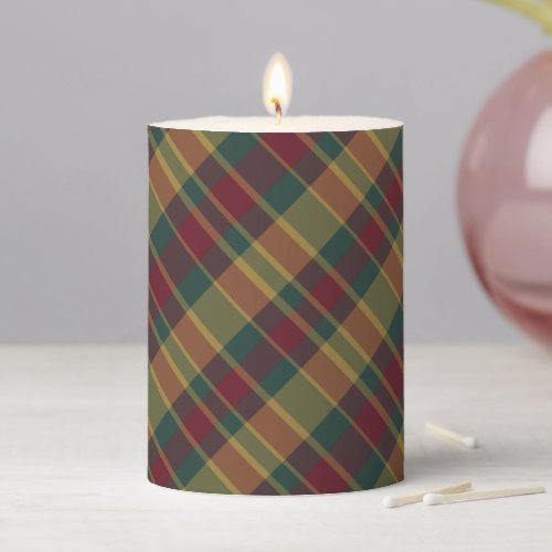 Gold Red And Green Christmas Plaid Print Pillar Candle
