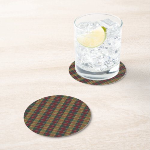 Gold Red And Green Christmas Plaid Print Round Paper Coaster