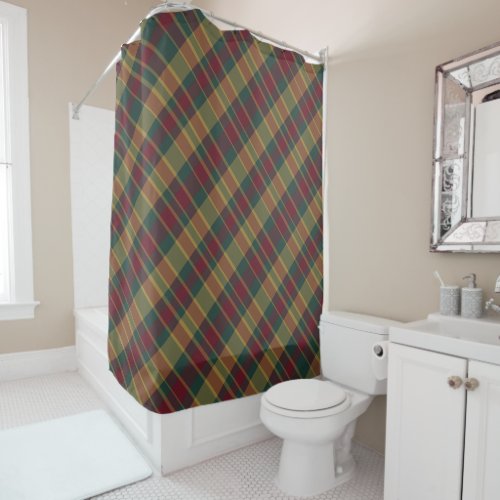 Gold Red And Green Christmas Plaid Print Shower Curtain