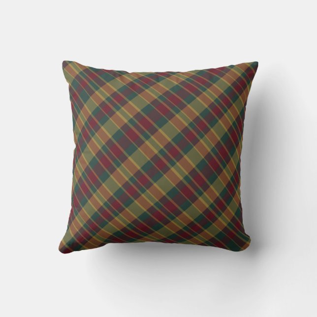 Gold Red And Green Christmas Plaid Print Throw Pillow (Back)