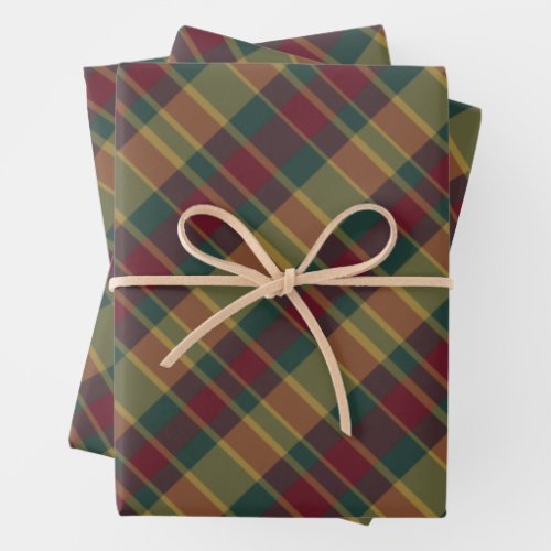 Gold Red And Green Christmas Plaid Print Wrapping Paper Sheets