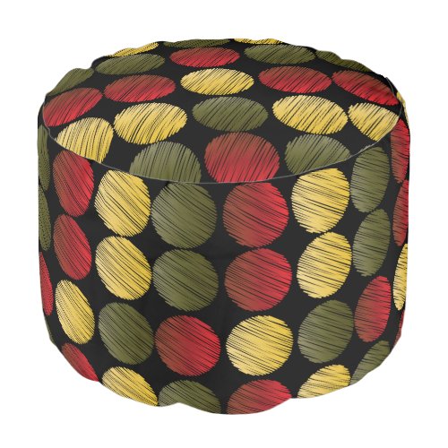 Gold Red and Olive Green Scribble Circle Pattern Pouf