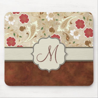 Gold, Red and White Floral on Parchment Monogram Mouse Pad
