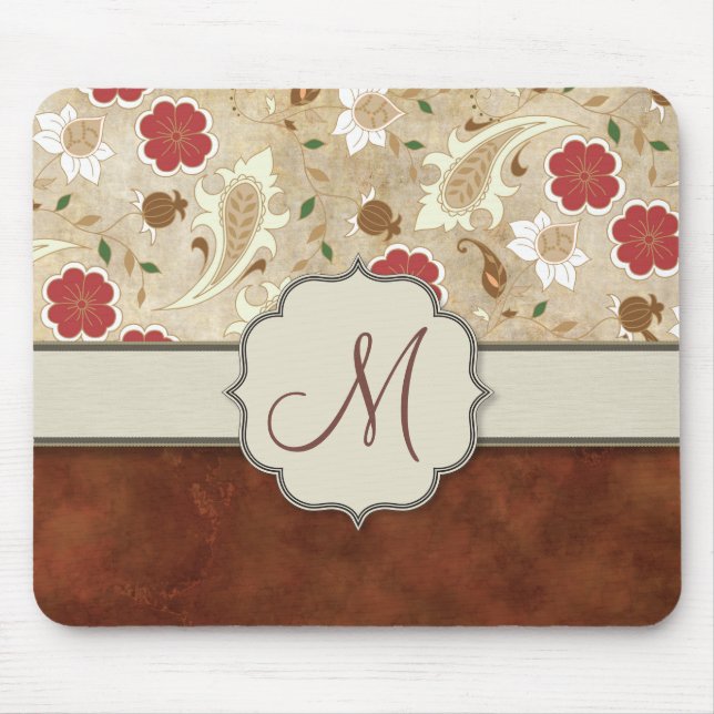Gold, Red and White Floral on Parchment Monogram Mouse Pad (Front)