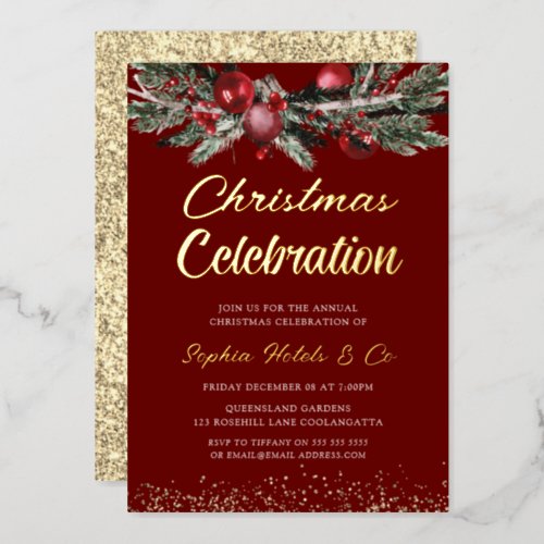 Gold  Red Annual Christmas Party Celebration Gold Foil Invitation