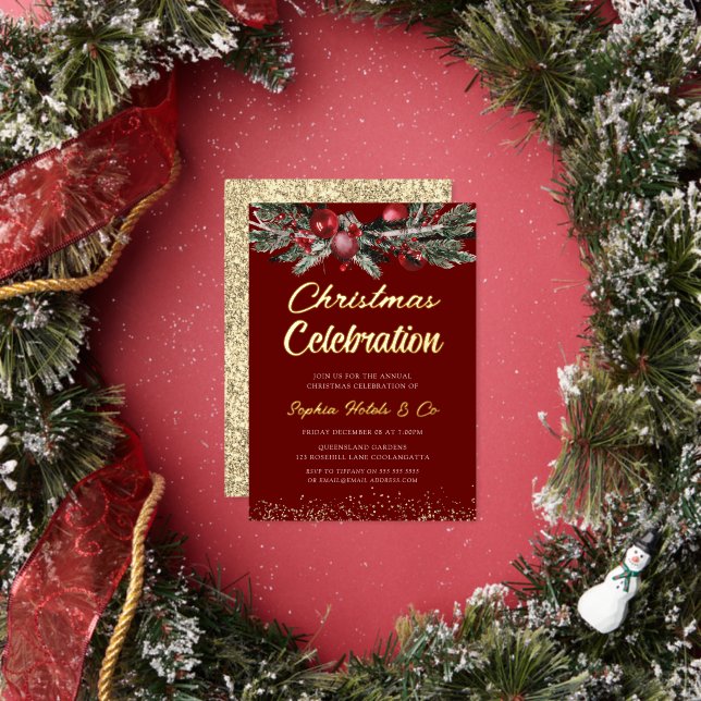 Gold & Red Annual Christmas Party Celebration Gold Foil Invitation (Insitu)