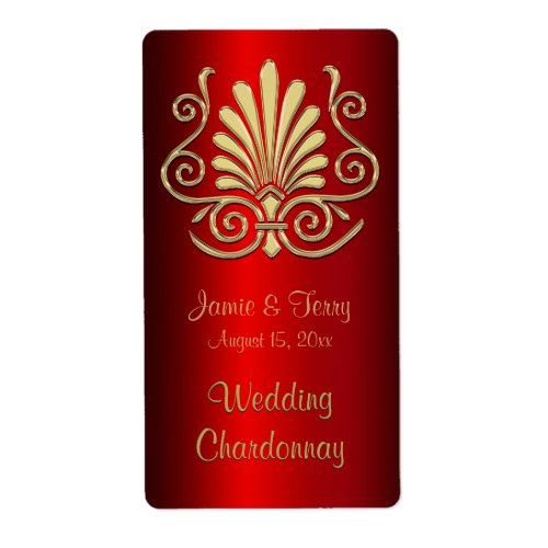 Gold Red Art Deco Damask Party Wine Label 2