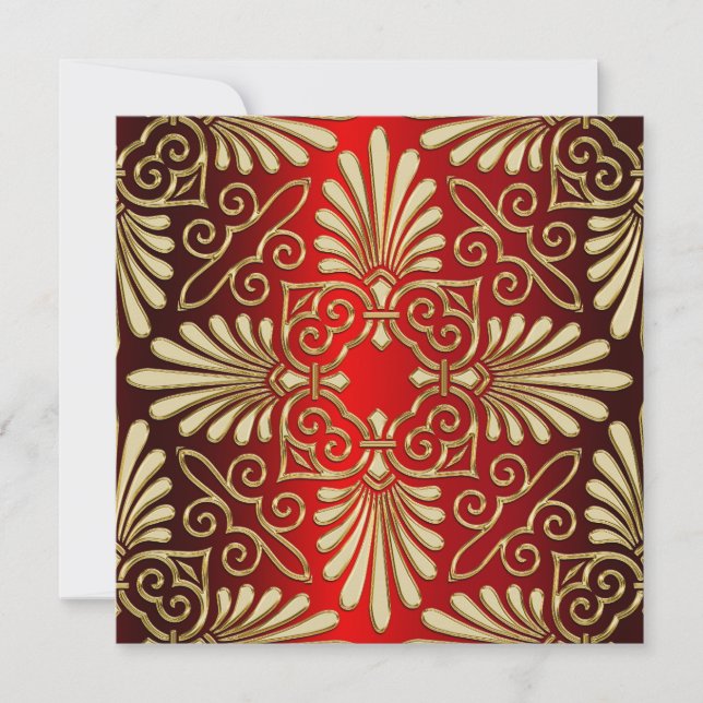 Gold Red Art Deco Damask Wedding Invite (Front)