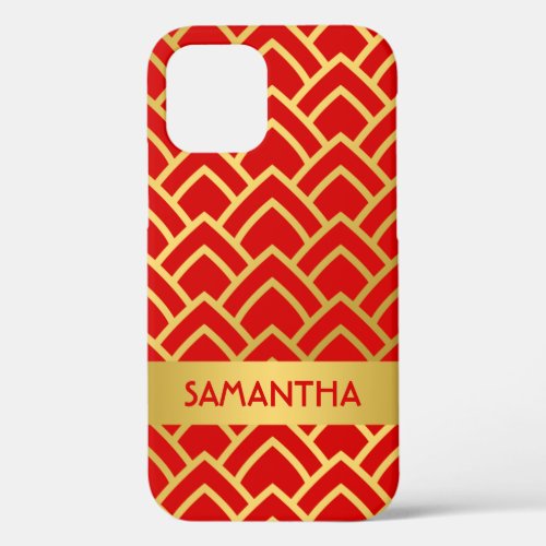 Gold Red Art Deco Geometric Personalized Name iPhone 12 Case