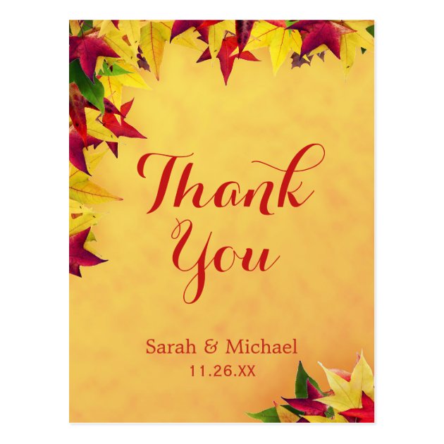 Gold Red Autumn Leaves Thank You Postcard