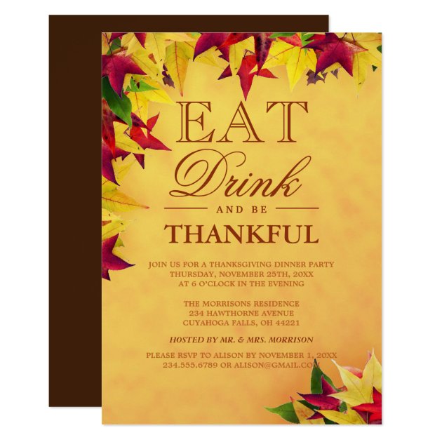 Gold Red Autumn Leaves Thanksgiving Dinner Party Card