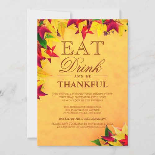 Gold Red Autumn Leaves Thanksgiving Dinner Party 5x7 Paper Invitation Card