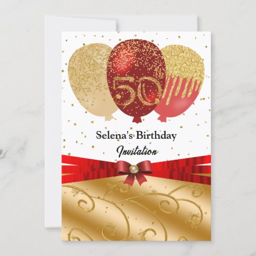 Gold Red Balloons  Silk Ribbon 50th Birthday Invitation