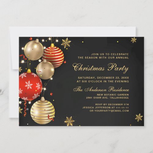 Gold  Red Balls Ornaments Christmas Eve Party Invitation