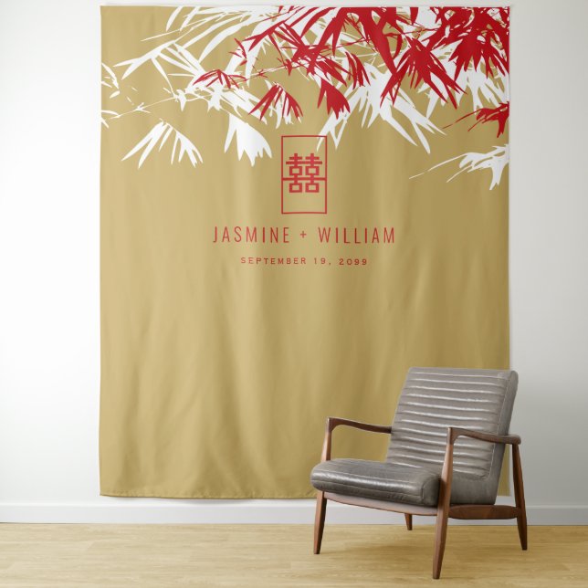 Gold & Red Bamboo Leaves Chinese Wedding Backdrop (In Situ)
