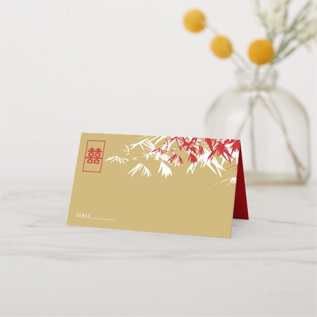 Gold & Red Bamboo Leaves Double Xi Chinese Wedding Place Card (Front)