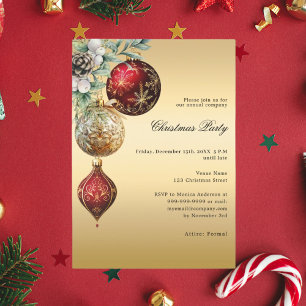 Gold red baubles business Christmas Party Invitation