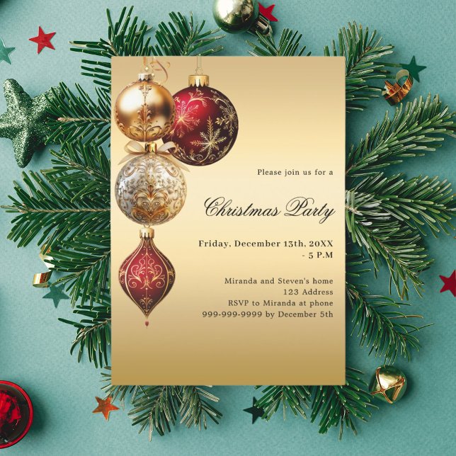 Gold red baubles Christmas Party Invitation (Creator Uploaded)