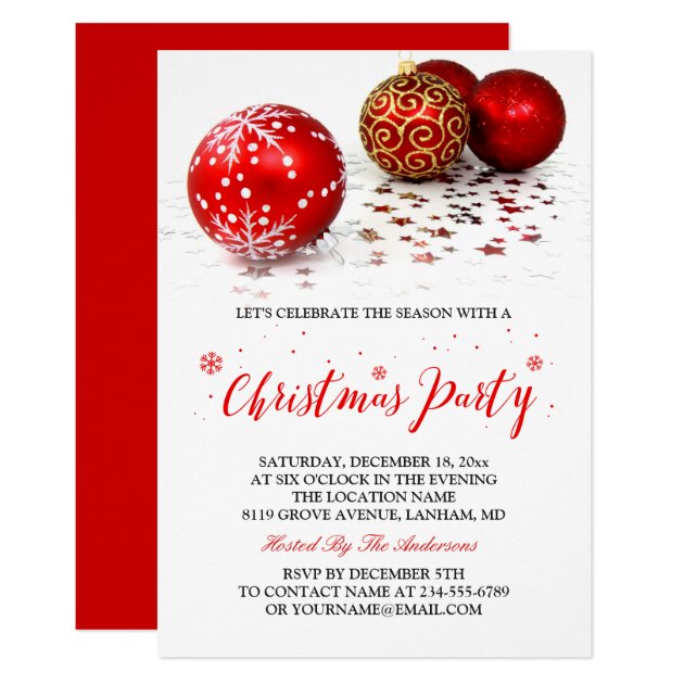 Gold Red Baubles Simple Stylish Christmas Party Invitation
