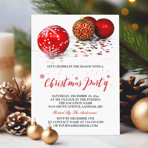 Gold Red Ornaments Simple Stylish Christmas Party Card