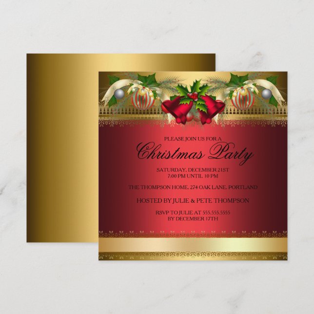 Gold Red bells & Baubles Christmas Party Invite (Front/Back)