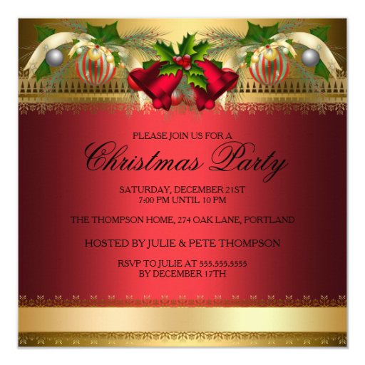 Gold Red bells & Baubles Christmas Party Invite | Zazzle