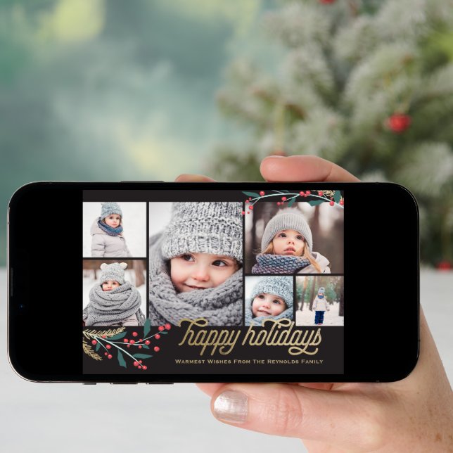 Gold Red Berries 6 Photo Collage | Happy Holidays Holiday Card (Front Digital)
