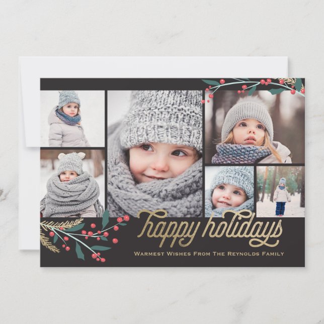 Gold Red Berries 6 Photo Collage | Happy Holidays Holiday Card (Front)