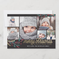 Gold Red Berries 6 Photo Collage | Merry Christmas Holiday Card