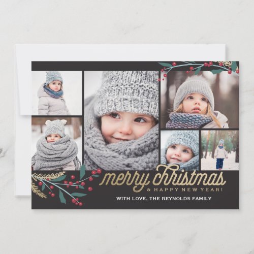 Gold Red Berries 6 Photo Collage  Merry Christmas Holiday Card