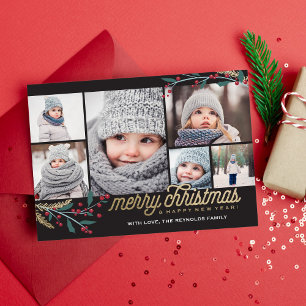 Gold Red Berries 6 Photo Collage   Merry Christmas Holiday Card