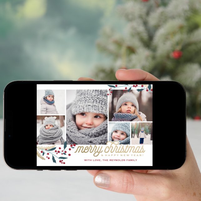 Gold Red Berries 6 Photo Collage | Merry Christmas Holiday Card (Front Digital)