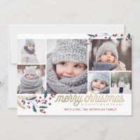 Gold Red Berries 6 Photo Collage | Merry Christmas Holiday Card