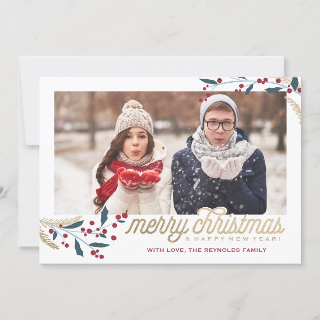 Gold Red Berries Photo Frame | Merry Christmas Holiday Card