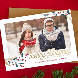 Gold Red Berries Photo Frame   Merry Christmas Holiday Card
