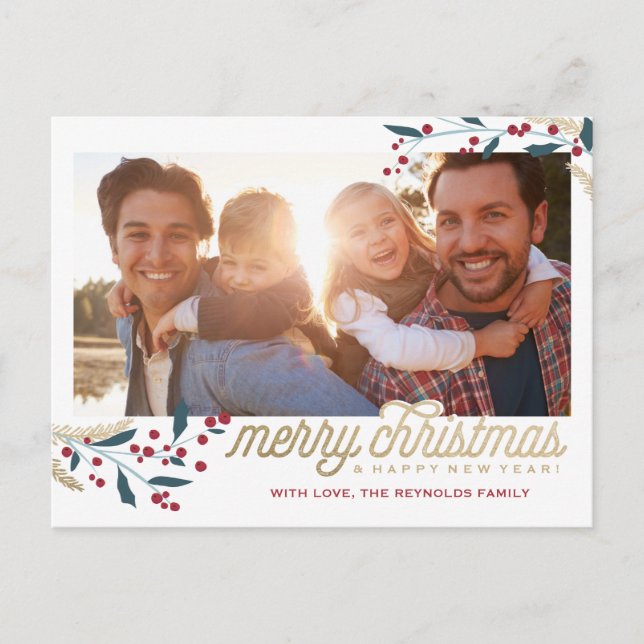 Gold Red Berries Photo Frame | Merry Christmas Postcard (Front)