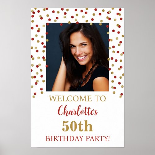 Gold Red Birthday Party Custom 12x18 Photo Poster
